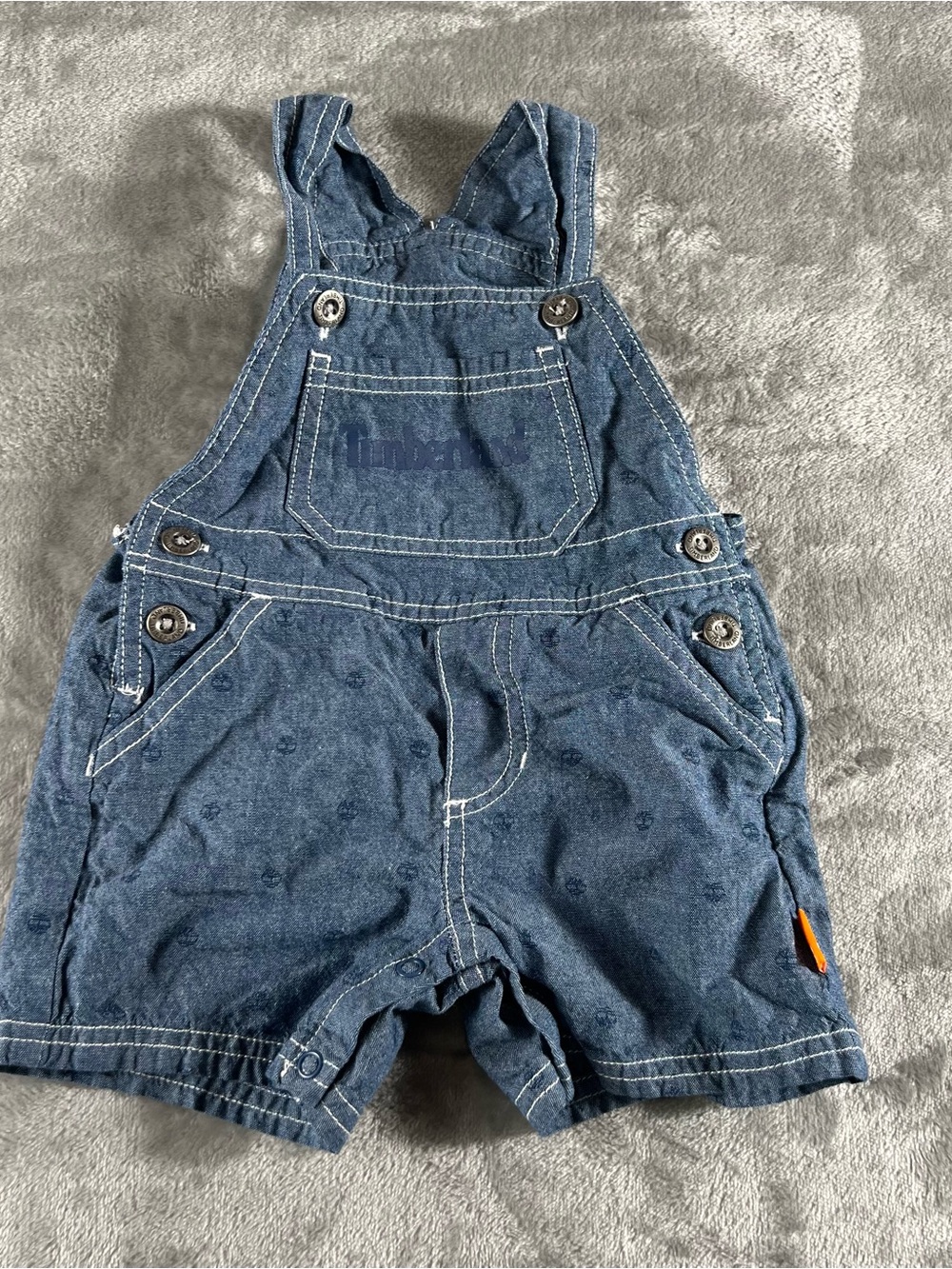 Timberland Short Denim Overalls Boys Sz 3-6 months Subtle All-Over Tree Logo